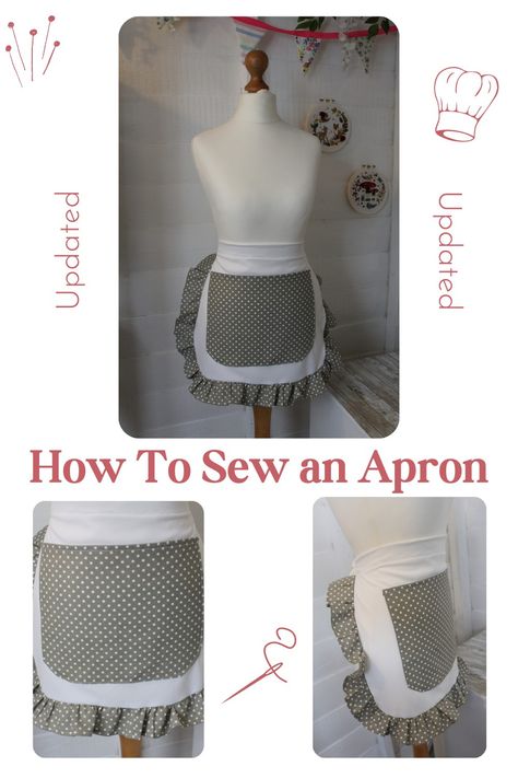 handmade apron on tailors dummie Diy Waist Apron, Waist Apron Pattern Free, Half Apron Pattern Free Easy, Waist Apron Pattern, Easy Apron Pattern Free, Adult Apron Pattern Free, Free Apron Sewing Patterns, Shoe Bakery, How To Make Aprons