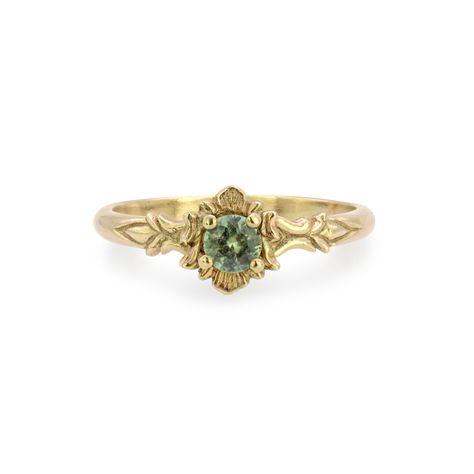 Gold & Stone Ring - This gorgeous ring is hand-carved in wax then cast in upcycled 14k gold; a 4mm Montana green sapphire brings magic and sparkle. Available in half sizes 59. Simple Engagement Rings No Stone, Engagement Rings With Wedding Ring, Promise Ring Band For Her, Cursed Engagement Rings, Engagement Rings With Gemstone Accents, Uncut Crystal Engagement Ring, Cottage Core Rings Wedding, Montana Yogo Sapphire Engagement Ring, Vintage Engagement Rings Engraved