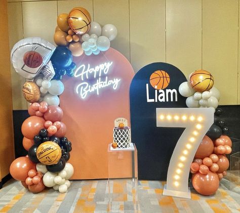 Nba Birthday Party Ideas, Basketball Theme Backdrop, Basketball Birthday Party Decorations Balloon Arch, Basketball Birthday Balloon Arch, Basketball Theme Decorations, 2nd Birthday Balloon Decorations, Basketball Theme Balloon Garland, Rookie Of The Year First Birthday Decor Basketball, Basketball Party Backdrop