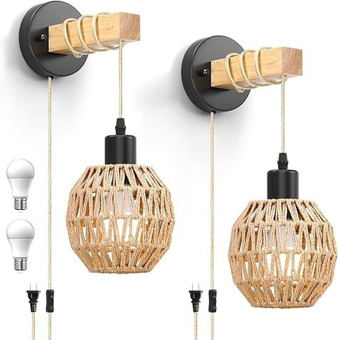 Amazon.com: Coastal Plug In Wall Sconces Farmhouse Wall Sconces, Lamps For Bedroom, Rattan Wall, Wall Mounted Lamps, Rope Cord, Lamp For Bedroom, Hemp Rope, Wall Fixtures, Rustic Wall