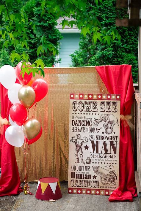 Vintage Circus Photo Booth from a Vintage Circus Birthday Party on Kara's Party Ideas | KarasPartyIdeas.com (24) Circus Theme Stage Decorations, Diy Circus Tent Canopies, Circus Party Backdrop, Vintage Circus Party Centerpieces, Vintage Circus Theme Party Decorations, Circus Photo Backdrop, Vintage Circus Party Ideas, Vbs Circus Theme, Circus Theme Party Adults