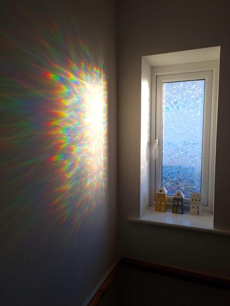 Walking by this window whilst the sun pours through makes me happy #rainbow #happyhome #homedecor #tealights Rainbow Reflection Window, Rainbow Glass Window, Rooms Astethic, Sunshine Through Window, Sun Through Window, Shine Aesthetic, Rainbow Window Film, Grey Apartment, Prism Window