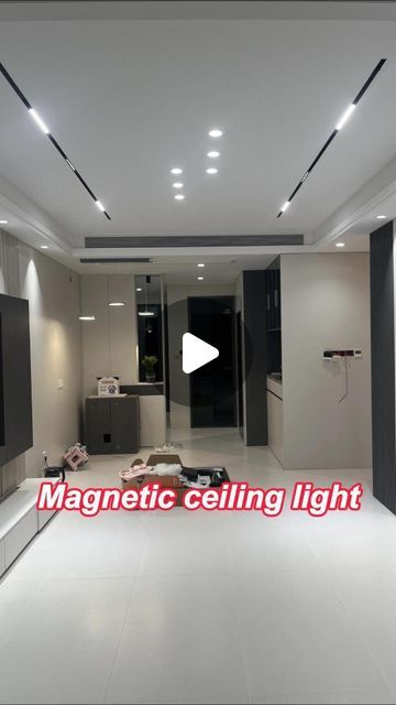 Magnetic Lights Ceiling Living Room, Magnetic Lights Ceiling, Ceiling Hall Design, Pot Lights In Living Room, Double Fan False Ceiling Design, Tray Ceiling Lighting Ideas, Led Profile Lighting Design Ceiling, Hall Ceiling Lights, Tray Ceiling Lighting