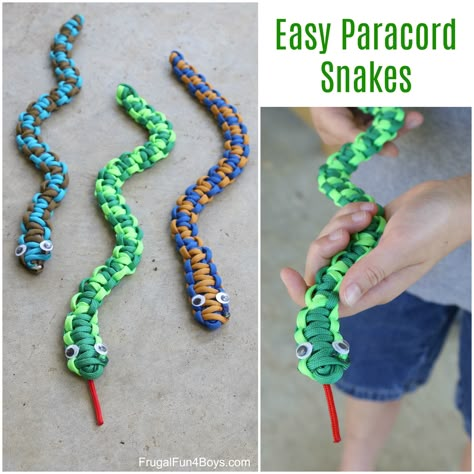 Here’s a fun paracord project for kids – make paracord snakes!  This would be a great craft project for a summer camp or nature club.  Or make them on a rainy day!  The completed snakes are fun to play with. This is an easy project for beginners.  It may take a little while to learn … Safari Crafts For Older Kids, Crafts For 8-10 Years Old, Crafts For Boys 11-13, Crafts For Boys 6-8, Crafts For Boys 8-10, Craft Snake, Boy Crafts, Snake Crafts, Nature Club