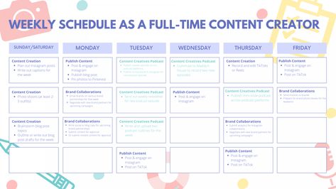 Weekly Content Ideas, Weekly Instagram Schedule, Weekly Content Calendar, Influencer Schedule, Youtube Schedule Ideas, Content Creator Poses, Content Creator Lifestyle, Content Creator Template, Influencer Weekly Schedule