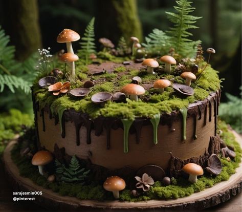 Mushroom Bday Cake, Mushroom Decorated Cake, Hobbit Smash Cake, Wood Cake Design, Wedding Cake Enchanted Forest, Nature Wedding Cakes, Enchanted Forest Birthday Cake, Forest Sheet Cake, Nature Birthday Cake