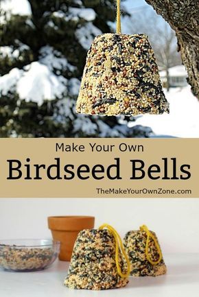 Homemade birdseed bells - A fun way to feed the birds! Make your own birdseed ornaments in a traditional bell shape  with this easy method Bird Seed Crafts, Seed Ornaments, Carillons Diy, Bird Suet, Suet Cakes, Bird Feeder Craft, Bird Seed Ornaments, Bird Seed Feeders, Feed The Birds