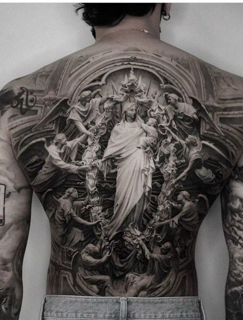 Mens Body Tattoos, Full Leg Tattoos, Back Piece Tattoo, Statue Tattoo, Full Back Tattoos, Religious Tattoo, Neck Tattoo For Guys, Religious Tattoos, Chest Piece Tattoos