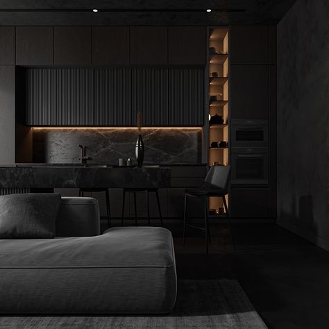 Dark Modern Kitchen, Dark Room Aesthetic, Home Accessories Ideas, Dark Interior Design, Pillows Ideas, Black Feature Wall, Black Bedroom Design, Rustic Throw Pillows, Grey Interior Design