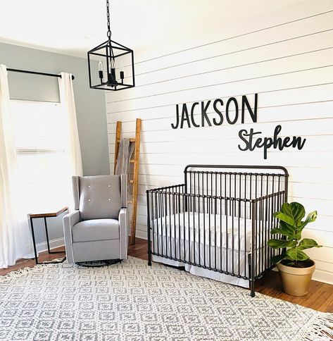 Baby boy nursery idea   #baby #boynursery #nursery #nurseryidea #farmhousenursery Twin Boys Nursery, Shiplap Nursery, Black Crib, Metal Crib, Farmhouse Nursery, White Shiplap Wall, Diy Halloween Decor, Baby Boy Room Nursery, Nursery Room Inspiration