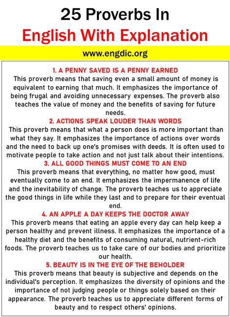 The English language is full of wisdom, and proverbs are a great way to learn about the culture and beliefs of its people. Proverbs offer pieces of advice that have been passed down from generation to generation and provide insight into how people think and behave in various situations. If you are interested in learning more about the English language, this article will discuss 25 popular proverbs with an explanation pdf. These proverbs come from different parts of the world and they all offer u Proverbs With Meaning, English Proverbs With Meanings, Proverbs For Students, Proverbs In English, School Sayings, Proverb With Meaning, English Teacher Lesson Plans, Popular Proverbs, Proverb Meaning