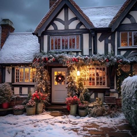 (20+) Facebook Cozy Christmas House Exterior, Fairytale Cottage Exterior, Christmas Cottage Exterior, Cotswolds Christmas, Old House Aesthetic, Christmas House Exterior, Winter House Decor, Cozy Cottage Christmas, Christmas Exterior