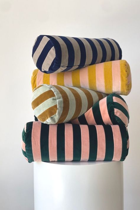 Velvet stripe bolster cushions by CHristina lundsteen pastel pink Couch Seats, Garden Cushions, Chic Pillows, Colourful Cushions, Deco Furniture, Favourite Colour, Inspiring Spaces, Bring Happiness, Cushion Design