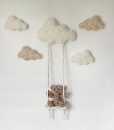 Wall decor clouds bear boucle Nursery neutral gender decor Soft wall decor Teddy bear clouds decor walls Hanging walls decor nursery Bear on a swing  An ideal, neutral wall decor for a children's room! A bear,clouds will perfectly decorate the wall near the baby's crib!  The decor is made of bouclé fabric, it is very soft and stylish!  We can make the color individually to match the decor, write to us and we will make all your wishes come true! Teddy Bear Room Decor, Cloud Nursery Theme, Teddy Bear Room, Bear Nursery Theme, Clouds Decor, Gender Neutral Nursery Inspiration, Teddy Bear Nursery Decor, Baby Room Decor Neutral, Baby Bear Nursery