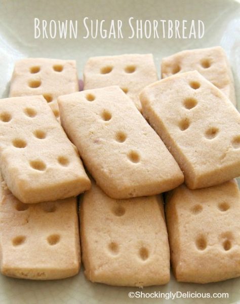 Brown Sugar Shortbread | ShockinglyDelicious.com Brown Sugar Shortbread Cookies Recipe, Brown Sugar Shortbread, Ham Glaze Brown Sugar, Brown Sugar Frosting, Pecan Shortbread, Brown Sugar Oatmeal, Brown Sugar Cookies, Cookie Platter, Dipped In Chocolate