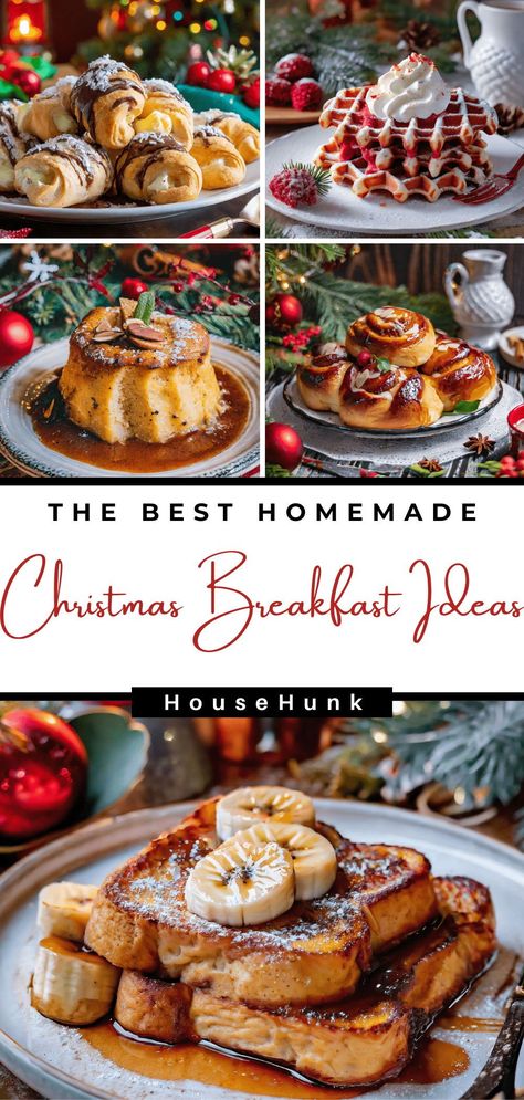 Elevate your Christmas breakfast with 15 stress-free recipes! Indulge in festive delights like gingerbread French toast bake, red velvet waffles, and baked peppermint donuts. Easy, delicious, and perfect for a joyous holiday morning. #ChristmasBreakfast #HolidayRecipes Christmas Breakfast Ideas French Toast, Christmas Morning Sweet Breakfast, Festive Christmas Breakfast, Christmas Morning Make Ahead Breakfast, Easy Xmas Breakfast Ideas, Xmas Day Breakfast Ideas, Christmas Brunch Party Food, Breakfast Ideas Christmas Morning, Christmas Morning French Toast Casserole