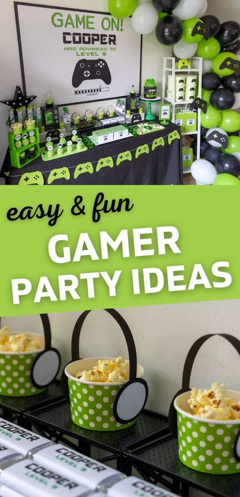 Gaming Birthday Party Ideas for 2022 | Parties Made Personal Gamer Birthday Desserts, Level 8 Birthday Party, Gamers Themed Party, Gamer Birthday Party Food Ideas, Gaming Birthday Food Ideas, Level One Birthday Party, Gamer Themed Birthday Party Ideas, Gaming Bday Party Ideas, Video Game Party Favors Boys