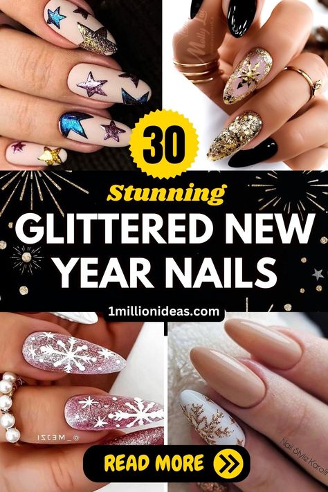 Glittered New Year Nails Nail Designs, Fun Nail Designs, Star Ideas, Clock Strikes Midnight, New Year Nail, Firework Nails, New Year Nails, Festive Look, Clock