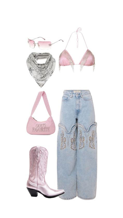 Coachella festival cowgirl edm rave pink metallic outfit inspo cool girl LA New York inspiration 2024 trend Cowgirl Rave Outfit, Edm Rave Outfits, Metallic Outfit, Festival Cowgirl, Coachella Fits, Edm Rave, Pony Club, Metal Clothing, Coachella Outfit