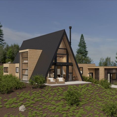 This project, embedded in the verdant rolling mountains of northern Utah, has been transformed into a 3-bed, 3-bath home with a 3-car garage, loft, music studio, mudroom, and laundry room. 

Visit our website to tour the A-Frame Rising design they began their journey with. Lodge Exterior, Casas Country, Modern A Frame, Triangle House, Garage Loft, Northern Utah, Concept Models Architecture, A Frame House Plans, Casa Country