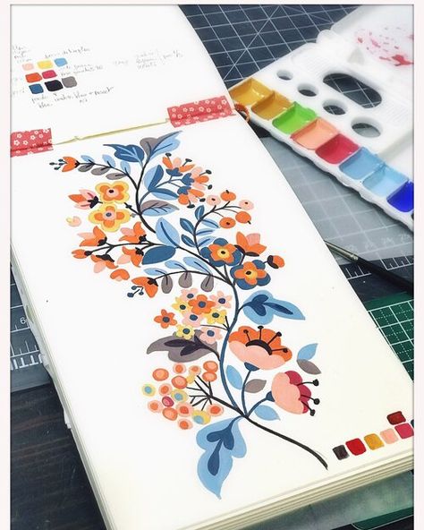 Gouache Paintings Ideas, Gouache Folk Art, Acrylic Gouache Paintings, Gouache Prints, Gouache Pattern, Gouache Design, Floral Gouache, Gouache Palette, Gouache Ideas