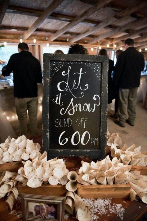 Instead of confetti, give your guests fake snow to send you off. Your guests will love this idea, especially if it's during the winter season.  #winterwedding #weddingideas #weddinginspiration #holidayseason