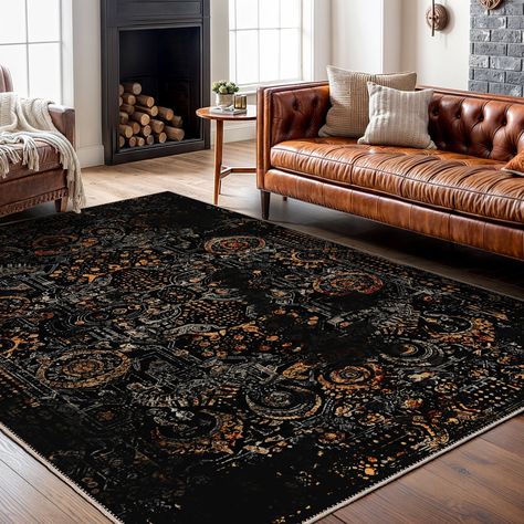 Elevate your home decor with our exquisite Anatolian Rug, a perfect blend of tradition and modern elegance. Handcrafted by skilled artisans, this Oriental rug boasts intricate designs and vibrant patterns that reflect the rich cultural heritage of Anatolia. Key Features ✨ Each rug in our collection is unique and one-of-a-kind, carefully crafted to bring a distinctive touch to your home decor. Embrace the individuality of our designs and discover a rug that truly resonates with your style and spa Dark Boho Rug Bedroom, Dark And Moody Rug, Black Dining Room Rugs, Dark Bedroom Rug Ideas, Dark Wood Floors Apartment, Whiskey Room Rug, Black And Orange Rug, Grey Couch Black Rug, Dark Academia Area Rug