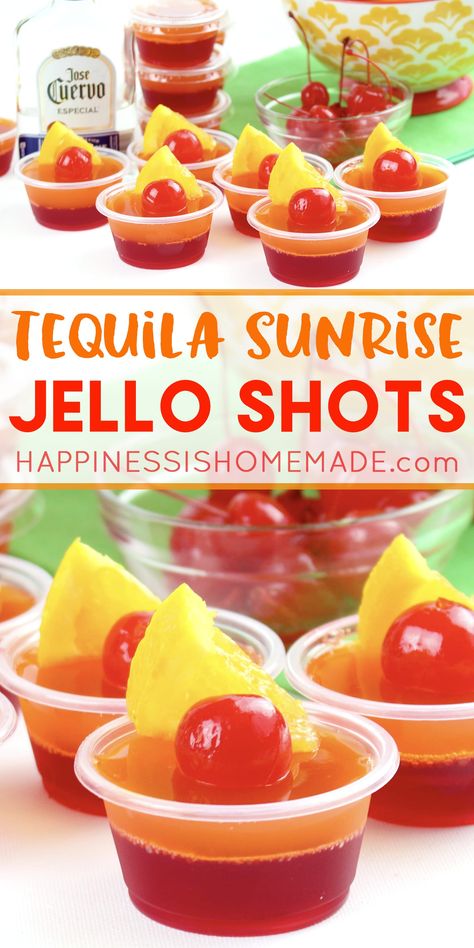 Tequila Sunrise Jell-O Shot Recipe: These delicious tequila sunrise Jello shots are the perfect cocktail for backyard summer bbqs and pool parties! Get this yummy jello shot recipe and be the hit of the party this summer! Pineapple Upside Down Jello Shots, Upside Down Jello Shots, Yummy Jello Shots, Tequila Jello Shots, Booze Board, Making Jello Shots, Best Jello Shots, Jello Pudding Shots, Pudding Shots