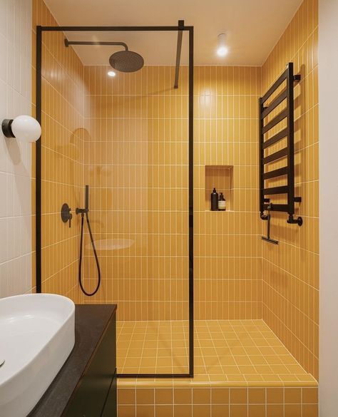 Yellow Shower Room, Yellow Tile Bathroom Ideas, Yellow Tile Bathroom, Yellow Bathroom Tiles, Yellow Stairs, Minimalist Bathroom Design, Eclectic Bathroom, Yellow Bathrooms, Bathroom Shower Tile