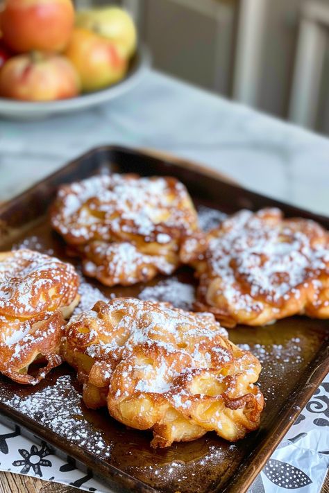 Baked Apple Fritters Oven Baked Apple Fritters Recipe, Bake Apple Fritters, Oven Baked Blooming Apple Recipe, Apple Fritters Baked, Apple Fritter Skillet Cake, Apple Ricotta, Oven Baked Blooming Apple, Baked Apple Fritters Oven, Baked Apple Fritter