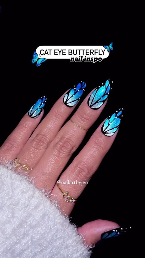 Jeanette Flores | Blue Morpho cat eye spring nails!!😱🤩🤯 Trending butterfly wings, but make them blue this time🩵🦋💙 Should we try these in chrome… | Instagram Holo Butterfly Nails, Royal Blue Nails Butterfly, Black And Blue Butterfly Nails, Oval Shape Nails Designs, Butterfly Cat Eye Nails, Gel X Nail Designs 2024, Butterfly Wings Nails, Cat Eye Butterfly Nails, Butterfly Chrome Nails