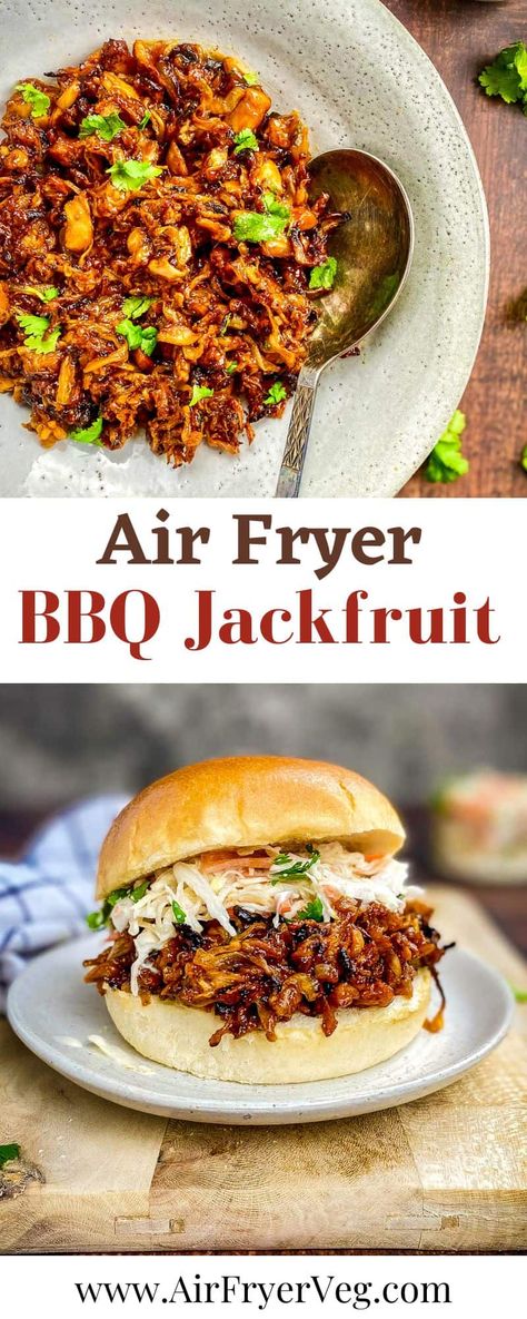 Air Fryer BBQ Jackfruit is perfect for piling on a bun with all your favorite fixings. Or get creative and add it to tacos, pizza, and more. Done in less than 30 minutes, this easy jackfruit recipe is the perfect vegan substitute for pulled pork! Pulled Jackfruit, Bbq Jackfruit Recipes, Jackfruit Dessert Recipes, Jackfruit Pulled Pork, Jackfruit Sandwich, Jackfruit Tacos, Vegan Pulled Pork, Bbq Jackfruit, Jackfruit Recipes