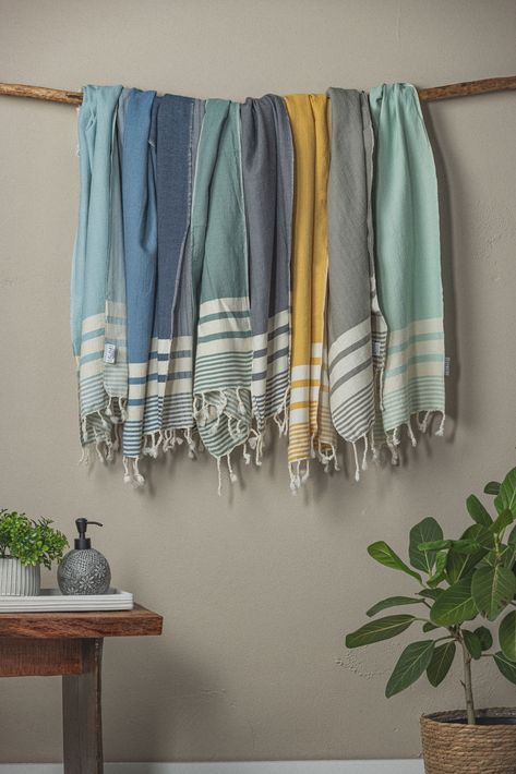 This towel has a buttery soft texture that quickly absorbs water off your hands. Woven from light yet durable Oeko-Tex 100 Standard certified Turkish cotton, these towels are thirsty, dry quickly and provide versatile uses to help you live with less, but better. Decorative towels with tassels polish off a guest bathroom simply and gracefully or liven up your kitchen. Turkish Hand towels dry hands quickly and can be used as a lightweight hair towel to quickly dry your hair or in the kitchen to dry your dishes or make short work of a spill. Complementary Bath Towel and Blankets Available in Essential Stripe This is a go-to with many uses. USAGE: Hand towel, kitchen, drying dishes, bathroom, hair towel DETAILS: Striped hand towels. generously sized at 20" x 40" Aside from being oh-so-pretty, Live With Less, Less But Better, Tassel Blankets, Green Towels, Handmade Towel, Towel Kitchen, Hair Towel, Decorative Towels, Waffle Weave