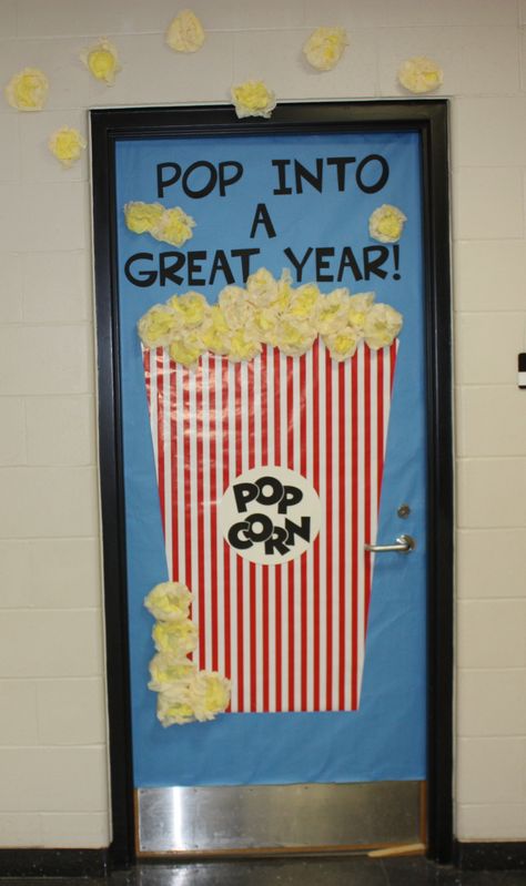 Popcorn door Popcorn Door Decorations Classroom, Popcorn Classroom Door, Popcorn Door Decoration, Popcorn Bulletin Board Ideas, School Door Decorations Preschool, Door Decorations Preschool, Popcorn Bulletin Board, Wall Decor School, Ocean Bulletin Board