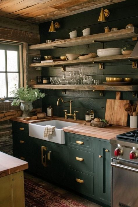 Green Colonial Kitchen, Green Kitchen Dark Wood, Kitchen Green And Wood, Dark Olive Green Kitchen Cabinets, Dark Green And Wood Kitchen, Green And Gold Kitchen Ideas, Kitchen Green Accents, Wood And Green Kitchen, Dark Green Cabinets Kitchen