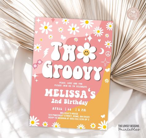 10th Birthday Invitation, Two Groovy, Daisy Party, 70s Party, 2nd Birthday Invitations, Retro Birthday, 12th Birthday, Festival Vibes, Invitation Sizes