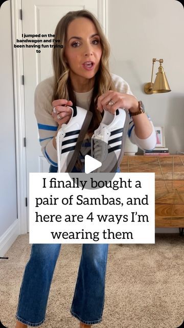 Merrick White / Style Educator on Instagram: "4 ways I’m wearing my new Adidas Sambas sneakers…I finally jumped on the bandwagon! Which outfit do you want to copy??  If you have a pair as well, and need some outfit ideas, I hope this is helpful.  Looking for links? Comment below with the word LINK and I’ll send you a DM with links to all these outfits.  Also, I know sizing is funky for the sambas, but for this pair, they fit very true to size and are VERY comfortable. No break in time required.  #4wayswithmerrick" White Shoe Outfits For Women, Samba Addidas Outfits Women, Adidas Samba Office Outfit, Jeans Samba Outfit, Adidas Shoes Samba Outfit Women, Adidas Samba Sneakers Outfit, Women Samba Outfit, Jeans With Sambas, Socks To Wear With Sambas