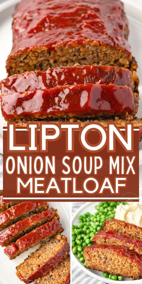 Make classic meatloaf the easy way with this Lipton Onion Soup Meatloaf recipe! This family favorite meatloaf recipe has a super flavorful 'secret ingredient' that makes it stand out from the rest - onion soup mix! Essen, Lipton Vegetable Soup Mix Recipes, Lipton Onion Soup Mix Meatloaf, Lipton Onion Soup Recipes, Onion Soup Mix Meatloaf, Lipton Onion Soup Meatloaf Recipe, Onion Soup Meatloaf Recipe, Lipton Onion Soup Meatloaf, Beef Meatloaf Recipes