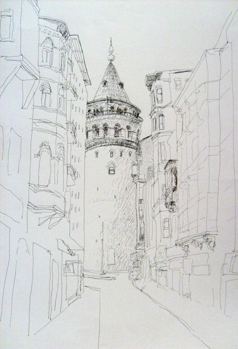 Galata Tower Sketch, Istanbul Sketch Drawings, Istanbul Sketch, Istanbul Drawing, Galata Tower Istanbul, Window Sketch, Road Drawing, Istanbul Art, Perspective Sketch