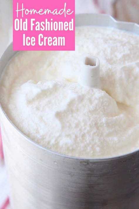 My families Homemade Old Fashioned Ice Cream recipe goes back generations! It's a delicious vanilla ice cream, perfect for summer BBQs and parties! Prepare the ingredients in just a few minutes, then let the ice cream machine do it's thing! Ice Cream Maker Recipes Vanilla, Homemade Ice Cream Machine, Old Fashioned Homemade Ice Cream, Ice Cream Machine Recipes, Custard Ice Cream Recipe, Lemon Ice Cream Recipe, Homemade Vanilla Ice Cream Recipe, Homemade Ice Cream Maker, Homemade Ice Cream Recipes Machine