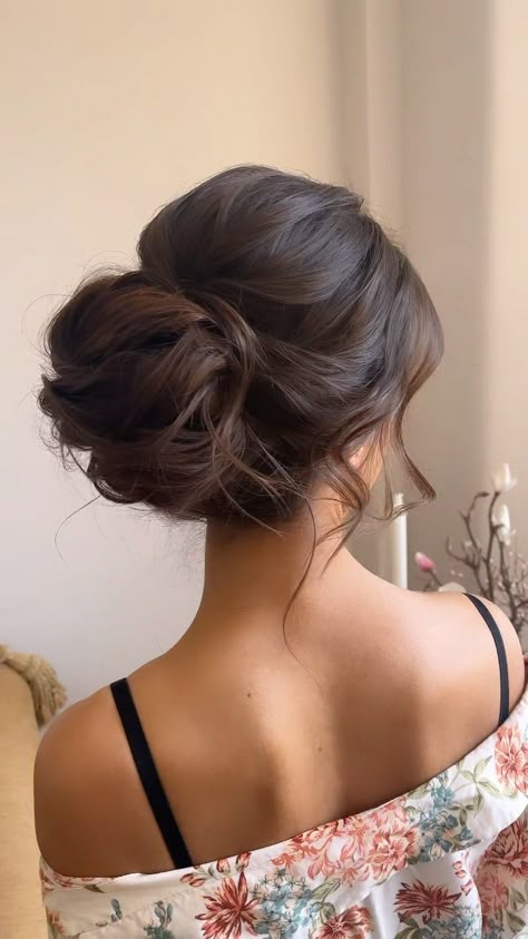 Updos From The Front View, Low Bun With Volume Wedding Hair, Hair Up Bun, Low Bun Wedding Hair Brunette Messy Updo, Low Pony Wedding Hairstyles Brunette, Formal Hairstyles Bun, Mid Height Bun Wedding, Low Bun Wedding Hair Dark Hair, Brunette Low Bun Wedding