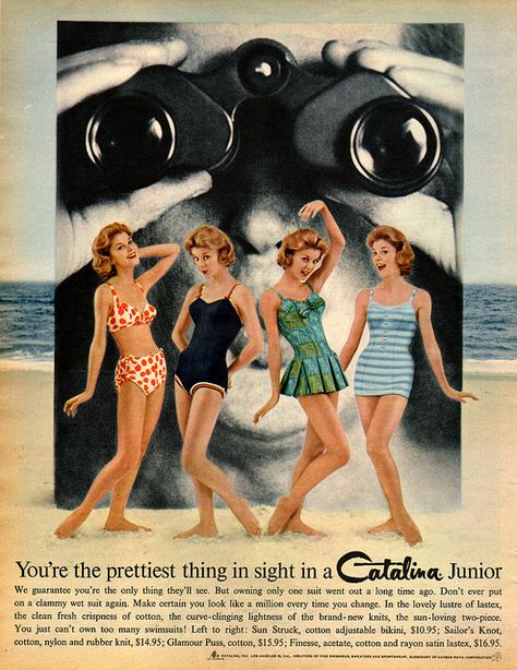 Catalina junior swimsuits 1960. The ad is a bit creepy with the man looking through the binoculars. via Flickr. Vintage Bathing Suit Patterns, Catalina Swimwear, 60’s Fashion, Junior Swimsuits, Vintage Bathing Suits, Period Clothing, Vintage Swim, Vintage Swimsuit, Sixties Fashion