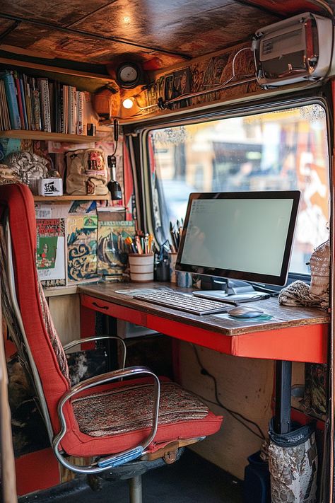 Rv Office Conversion, Camper Van Office, Simple Van Build, Simple Van Conversion, Van Living Conversion, Camper Office, Mobile Art Studio, Van Office, Modern Mobile Homes