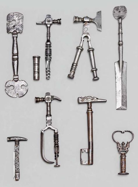 Saw sets, combination tools, hammers and a signet, 18th century. Wrought iron. Luigi Nessi collection, Koller auctions. Mining Tools, Antique Hand Tools, Medical Tools, Blacksmith Tools, Anvils, Workbench Plans, Wd 40, Corkscrews, Industrial Photography