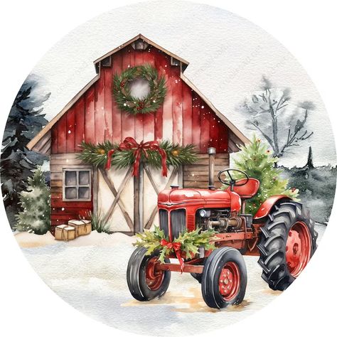 Country Christmas Scenes, Christmas Tractor Painting, Farmhouse Christmas Pictures, Christmas Tractor, Tractor Art, Christmas Barn, Farm Christmas, Xmas Pictures, Christmas Red Truck