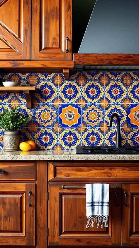 5 Essential Elements for a Mexican Inspired Kitchen Design Bright Mexican Kitchen, Spanish Kitchen Design Mexican Style, Spanish Tile Backsplash Kitchen Mexican Style, Mexican Inspired Kitchen, Mexican Tile Backsplash Custom Made Home Improvement Products, Colorful Dishware, Blue Mexican Tile Kitchen, Miniature Mexican Kitchen, Spanish Style Kitchen