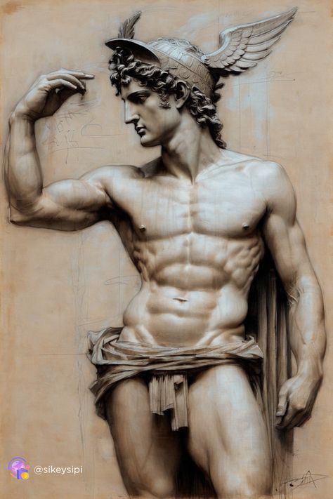 Ancient Marvels: Hermes Reimagined This dramatic portrayal of Hermes, inspired by classical sculptures, highlights his mythological significance through a detailed winged helmet and majestic physique. The creative blend of sketch-like and photorealistic elements emphasizes his swift movements and readiness to communicate messages between gods and mortals alike. #MythicalArt #HermesInspiration #ArtisticJourney Hermes God Art, Hermes Helmet, Greek Gods Art, Hermes Sculpture, Hermes Greek God, Classical Sculptures, Greek God Sculptures, Hermes Art, Sculpture Sketch