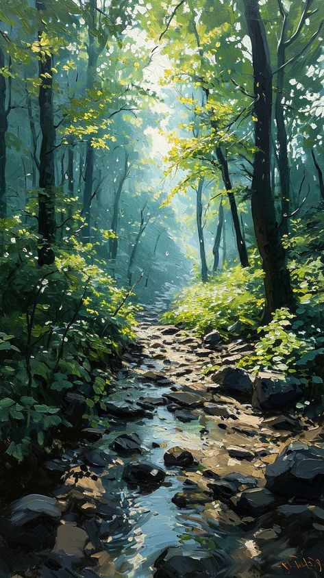 Creek Painting Acrylic, Creek Painting, Drawing Forest, Scenery Drawing, Redeeming Love, Nature Drawing, Nature Art Painting, Painting Acrylic, Studio Ghibli