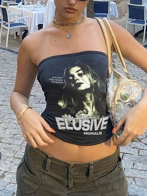 Women Figure Print Bandeau Top Dark Grey Casual  Sleeveless Fabric Figure,Letter  Slight Stretch  Women Clothing, size features are:Bust: ,Length: ,Sleeve Length: Bando Outfit, Outfit Top, Women Figure, Bandeau Top, Maternity Bag, Women Clothing, Women Clothes Sale, Womens Tees, Dark Grey