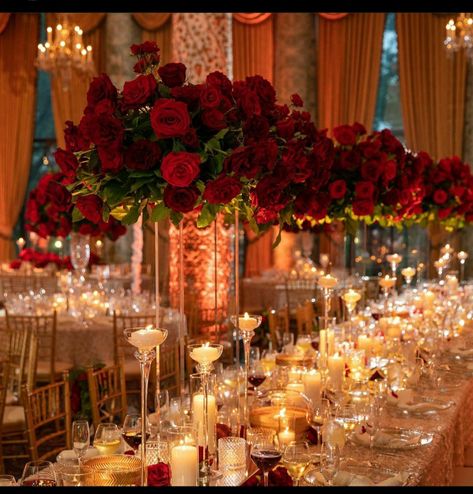 Masquerade Wedding Theme Wedding Table Decor, Red Wedding Venue Ideas, Red Reception Decorations, Valentines Day Wedding Ceremony Decor, Red Nikkah Decor, Wedding Red Theme Decor, Red White Black Gold Wedding, Red Roses Theme Wedding, Red Roses Theme Quincenera